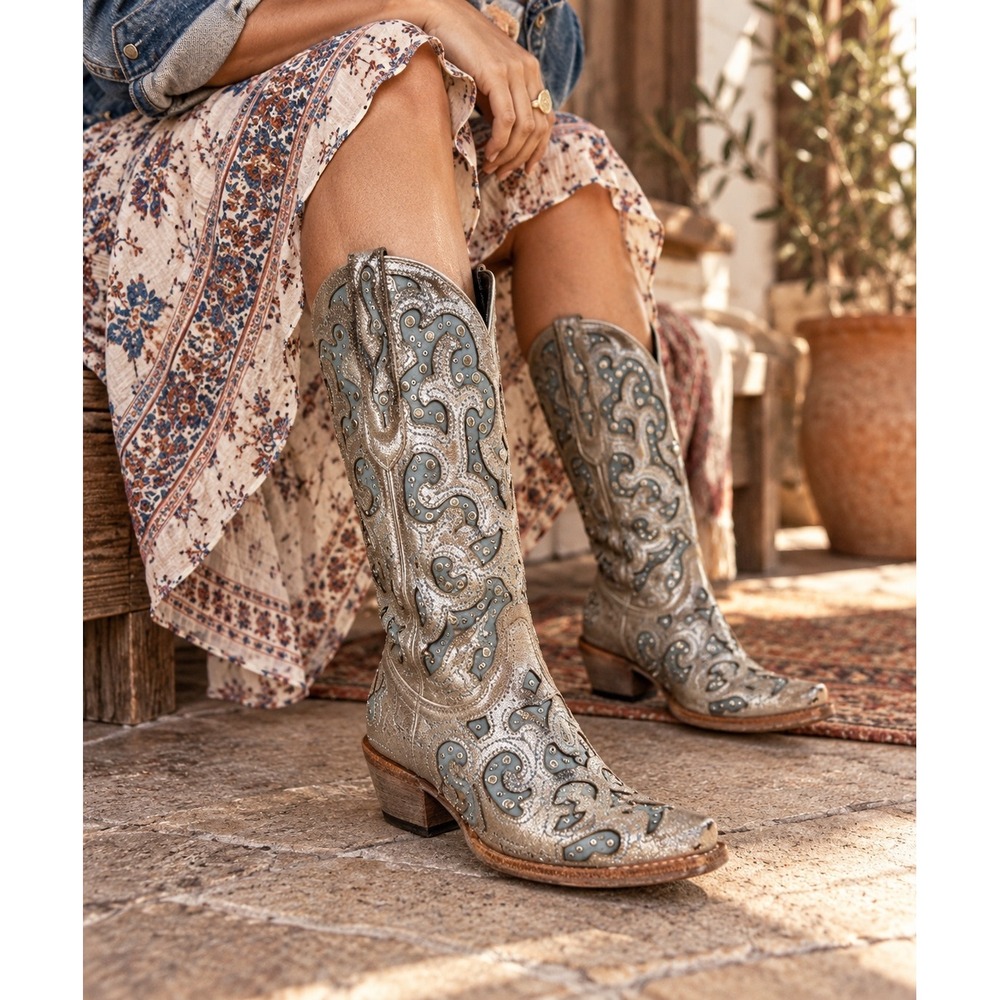 J.B. Dillon Bellflower Women's 8B Silver Leather Western Boots Blue Rhinestone - Picture 1 of 15